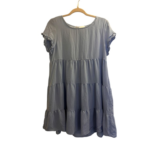 SUGARLIPS Tiered Ruffle Sleeve Tunic Dress Light Blue Women's M Pockets - Picture 2 of 10